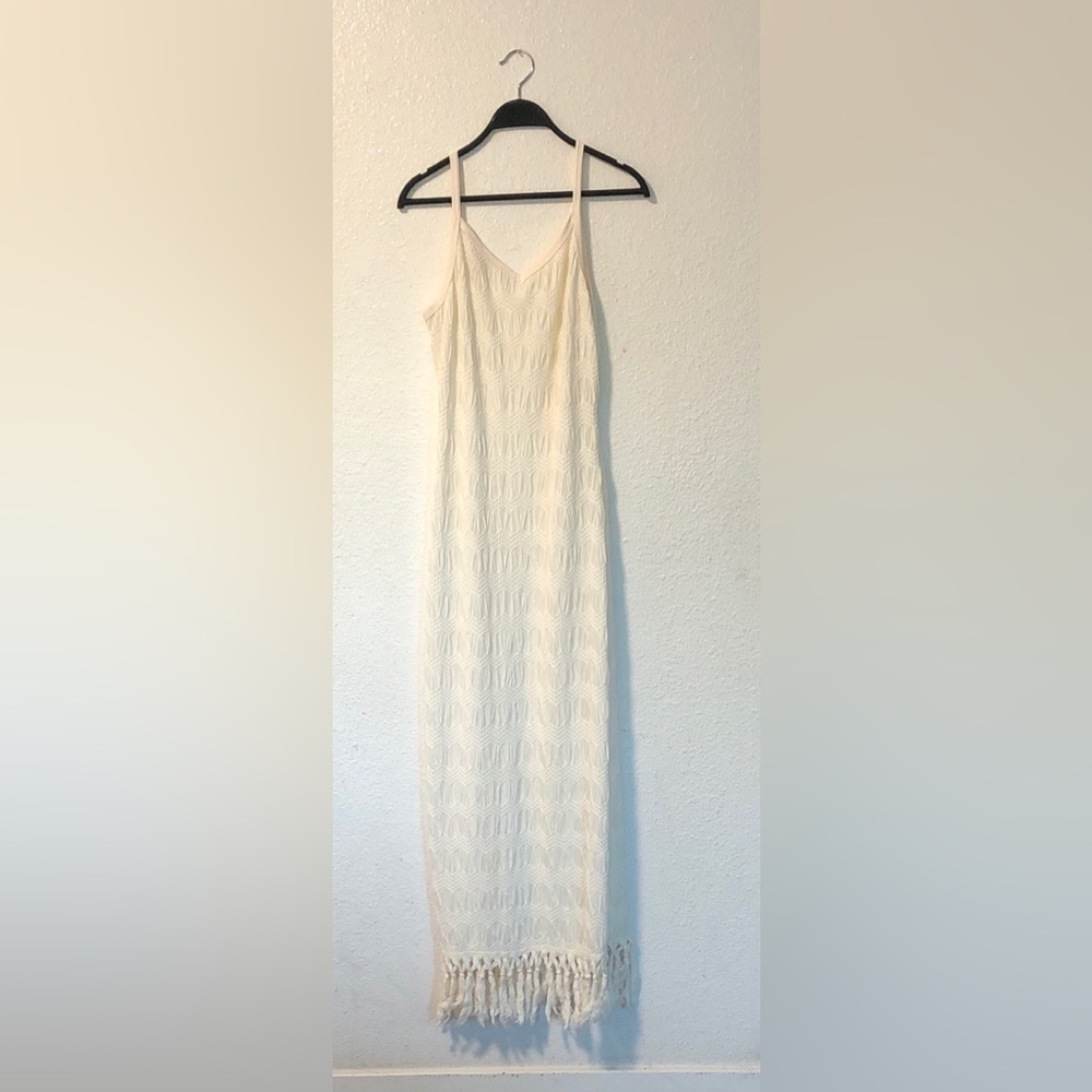 SHEIN Ivory Crochet Fringe Maxi Slip Dress